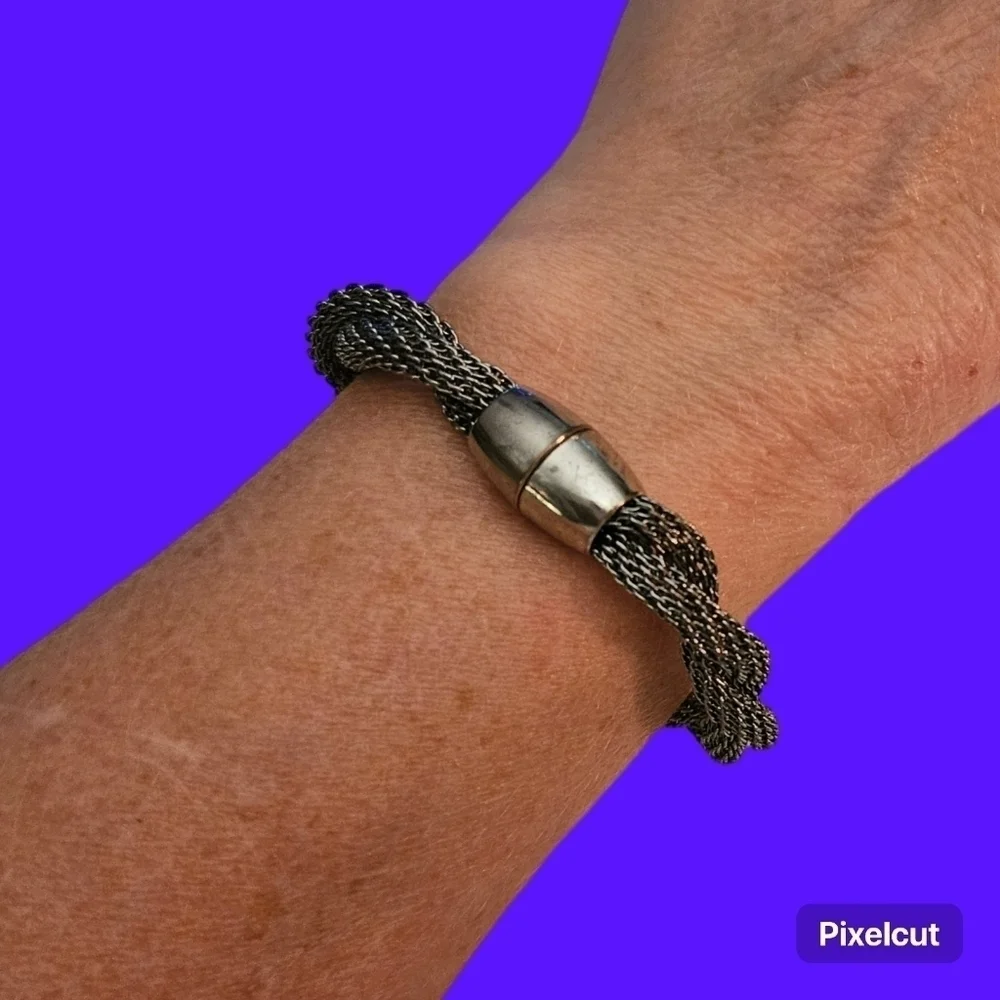 Silvertone Metal Mesh Braided Magnetic  Clasp Unisex Bracelet